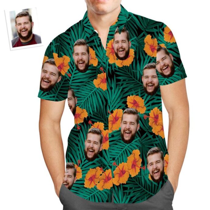 Personalized Hawaiian Shirt, Custom Hawaiian Shirt with Face Hibiscus Flower Funny Beach Shirt Gift for Men