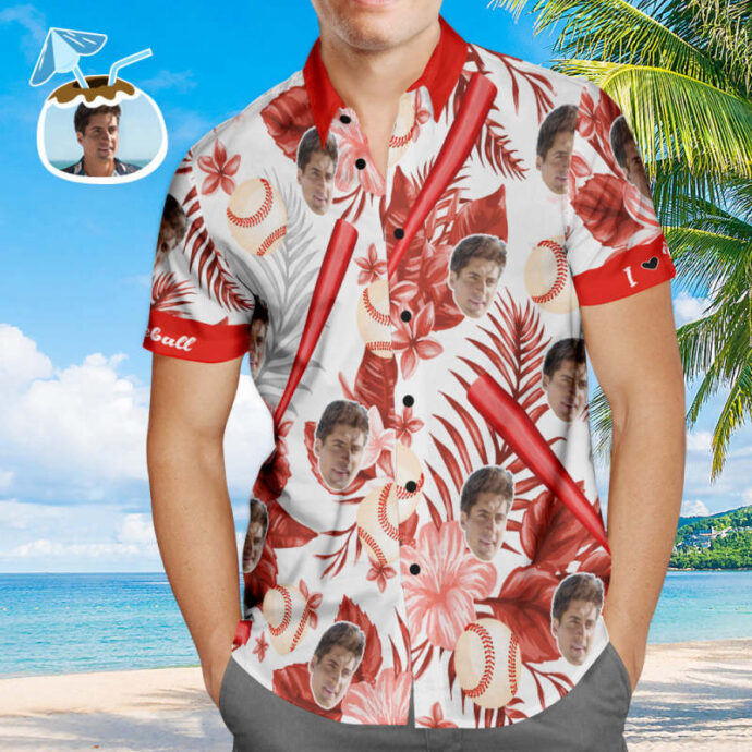 Personalized Hawaiian Shirt, Custom Hawaiian Shirt with Face Red Flower Style Baseball Shirt For Men Summer Gift