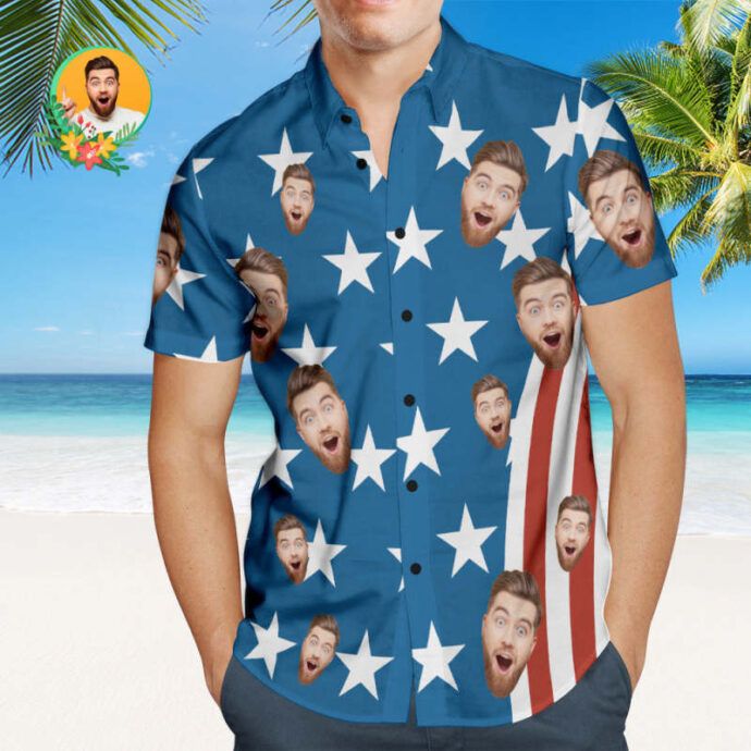 Personalized Hawaiian Shirt, Custom Hawaiian Shirt with Face, Hawaiian Shirts 4th of July American Flag Patriotic Independence Day