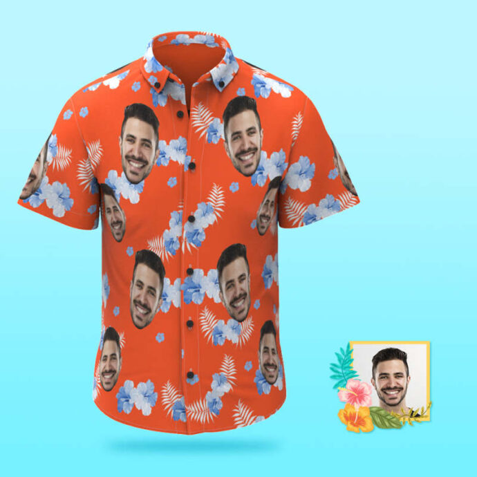 Personalized Hawaiian Shirt, Custom Hawaiian Shirt with Face Beach Vacation Orange