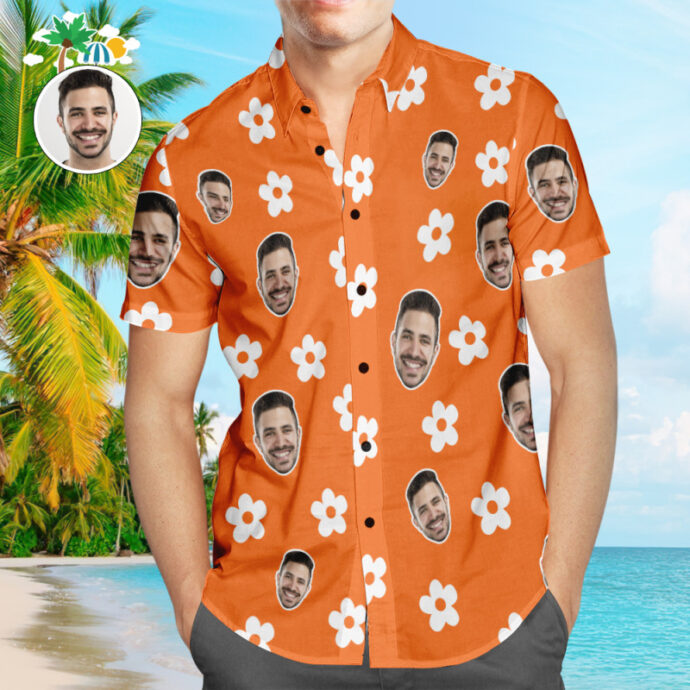 Personalized Hawaiian Shirt, Custom Hawaiian Shirt with Face Summer Style Flower Design Orange