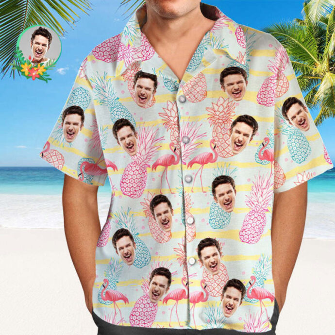 Personalized Hawaiian Shirt, Custom Hawaiian Shirt with Face Flamingo and Pineapple Summer Vibe