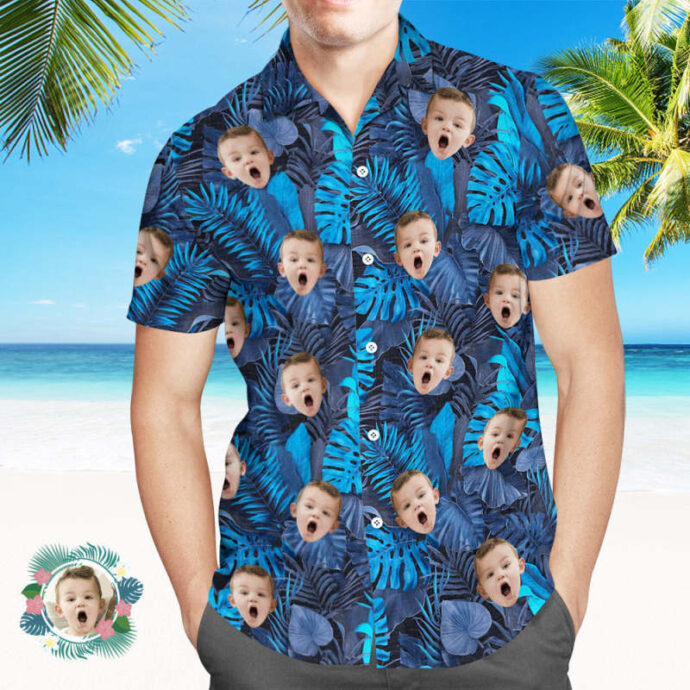 Personalized Hawaiian Shirt, Custom Hawaiian Shirt with Face Flowers and Leaves Blue Beach