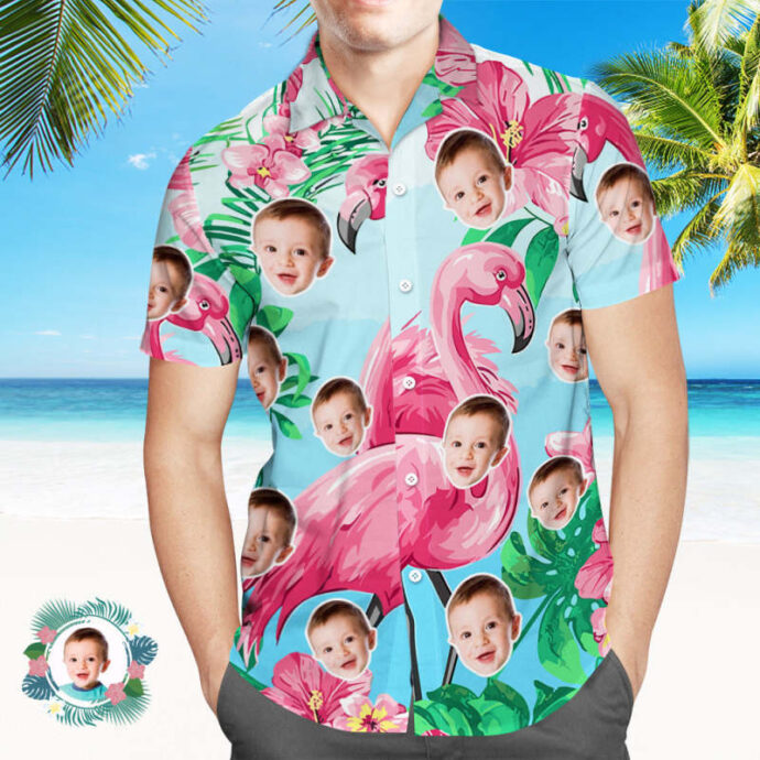 Personalized Hawaiian Shirt, Custom Hawaiian Shirt with Face Flamingo Summer Hawaiian Shirt for Men