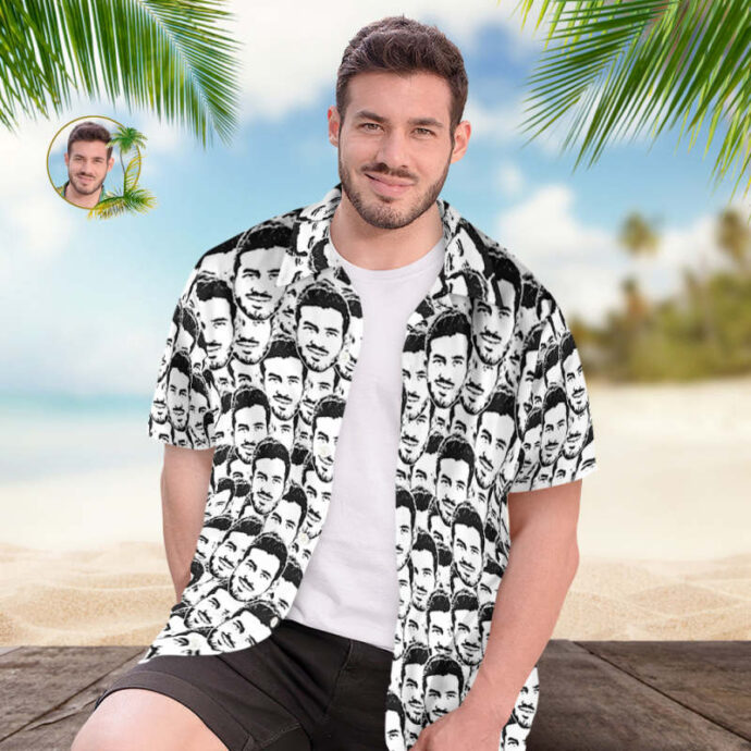 Personalized Hawaiian Shirt, Custom Hawaiian Shirt with Face Comic Style Black White