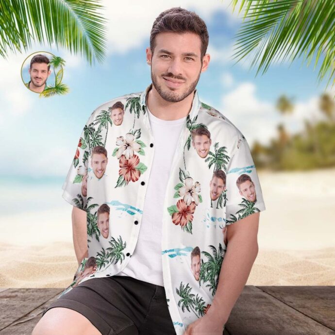 Personalized Hawaiian Shirt, Custom Hawaiian Shirt with Face Beach Vacation Palm Trees White