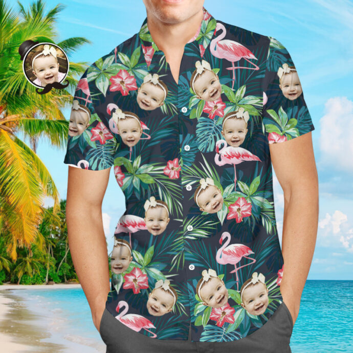 Personalized Hawaiian Shirt, Custom Hawaiian Shirt with Face Colorful Flamingo Gift for Dad