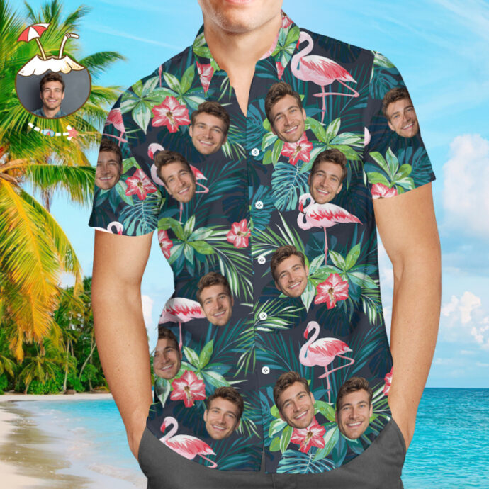 Personalized Hawaiian Shirt, Custom Hawaiian Shirt with Face Flamingo Flowers And Leaves