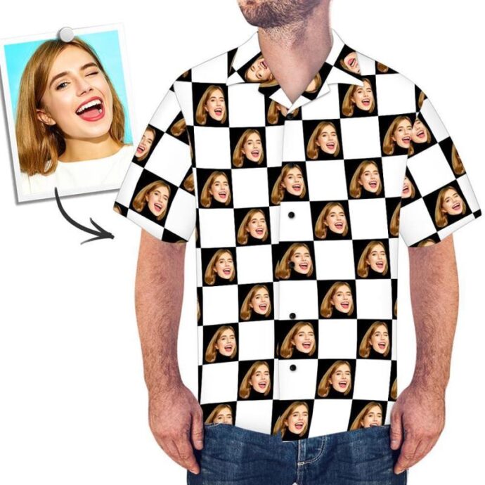 Personalized Hawaiian Shirt, Custom Hawaiian Shirt with Face Square Grid Beach Shirt For Men