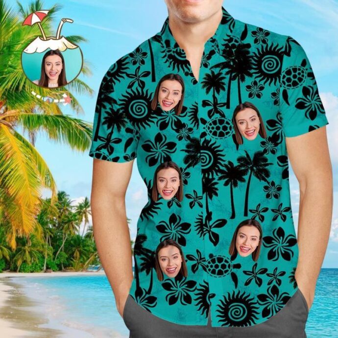 Personalized Hawaiian Shirt, Custom Hawaiian Shirt with Face Sea Turtle Beach Shirt For Men