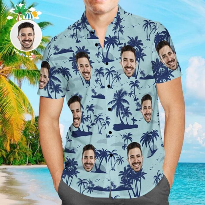 Personalized Hawaiian Shirt, Custom Hawaiian Shirt with Face Coconut Tree Beach Shirt For Men