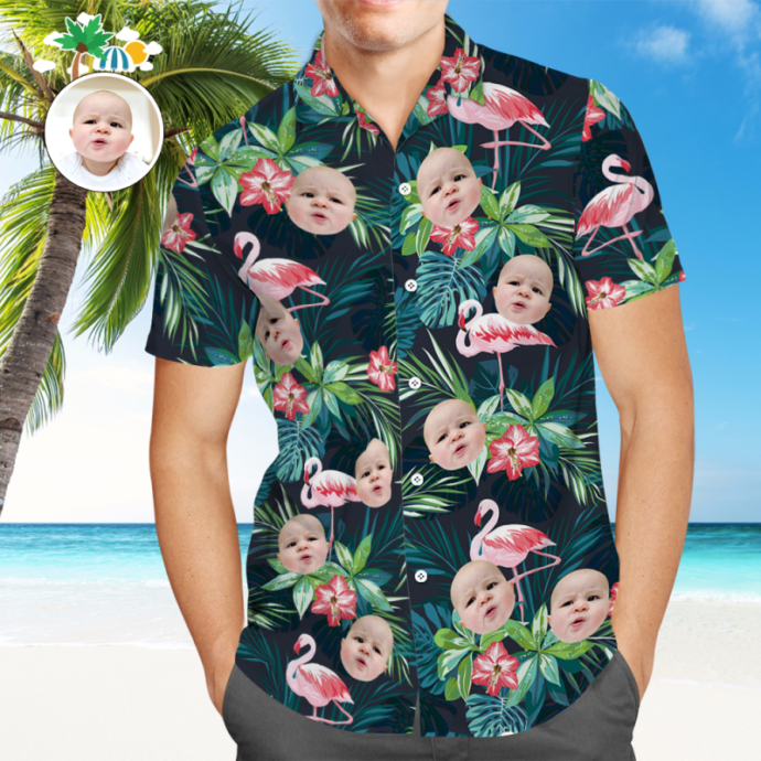 Personalized Hawaiian Shirt, Custom Hawaiian Shirt with Face, Baby Face on Hawaiian Shirts Colorful Flamingo