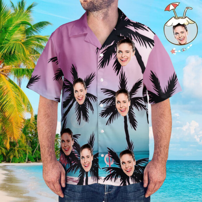 Personalized Hawaiian Shirt, Custom Hawaiian Shirt with Face Sea and Coconut Tree Shirt For Men Purple Blue