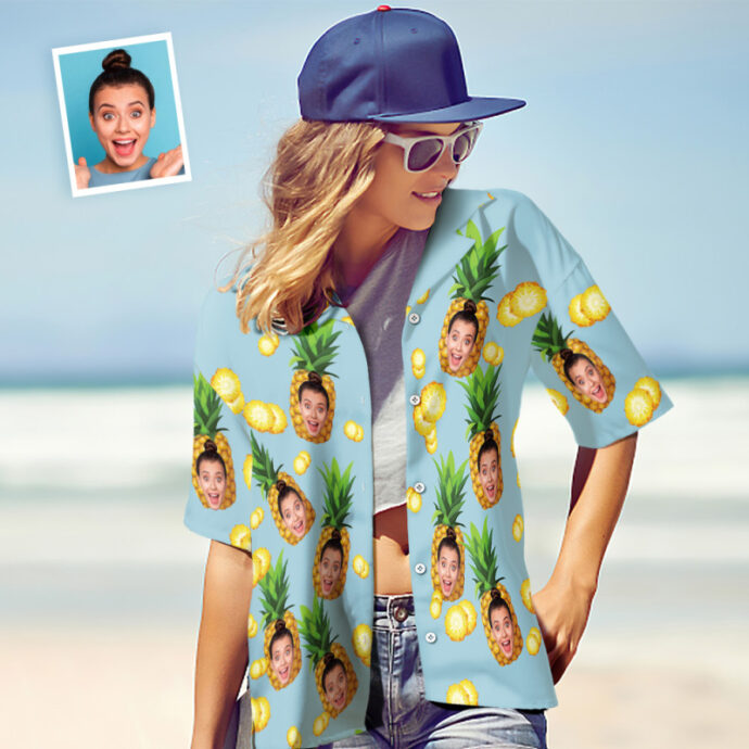 Personalized Hawaiian Shirt, Custom Hawaiian Shirt with Face Light Blue Pineapple