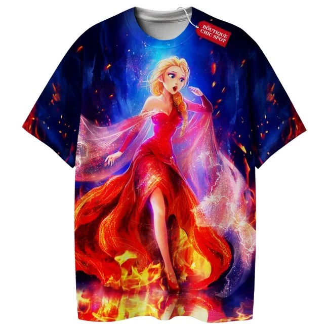Elsa The Queen On Fire Frozen T-Shirt – Disney Princess Apparel – Arendelle Queen Top – Animated Film Gift Clothing for Fans – Fiery Ice Queen – Elemental Power Graphic