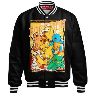 I Choose You Pokemon Baseball Jacket, Gen 1 Classic Starter Squad Baseball Jacket, Anime Baseball Jacket