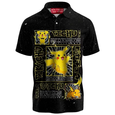 Pikachu Evolution Trio Polo Shirt, Pichu, Pikachu & Raichu Design Polo Shirt, Anime Polo Shirt