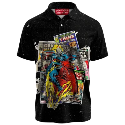 Ghost Rider Retro Comic Polo Shirt, Hellfire Ride Vintage Edition Polo Shirt, Marvel Comics Polo Shirt