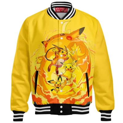 Pikachu Evolution Line Baseball Jacket, The Rise of the Thunder Trio Baseball Jacket, Anime Baseball Jacket