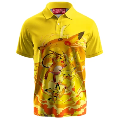 Pikachu Evolution Line Polo Shirt, The Rise of the Thunder Trio Polo Shirt, Anime Polo Shirt