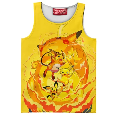 Pikachu Evolution Line Tank Top, The Rise of the Thunder Trio Tank Top, Anime Tank Top