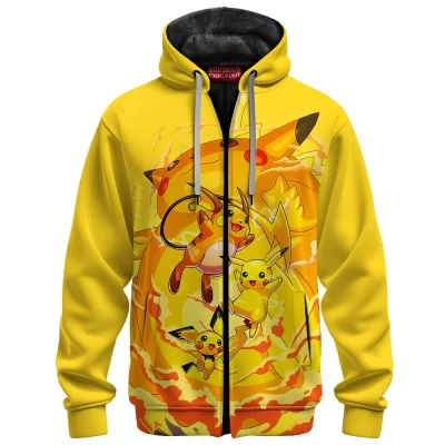 Pikachu Evolution Line Zip Fleece Hoodie, The Rise of the Thunder Trio Zip Fleece Hoodie, Anime Zip Fleece Hoodie
