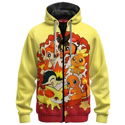 Pokemon Flame Squad Zip Fleece Hoodie, Flames of Destiny Zip Fleece Hoodie, Anime Zip Fleece Hoodie