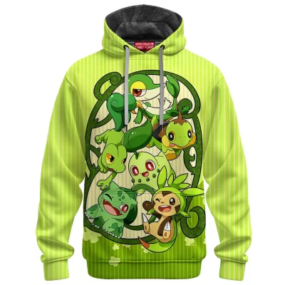 Grass Starters Fleece Hoodie, Pokemon Generation Green Fleece Hoodie, Anime Fleece Hoodie