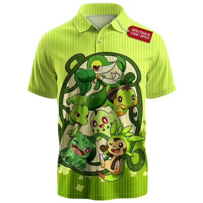 Grass Starters Polo Shirt, Pokemon Generation Green Polo Shirt, Anime Polo Shirt