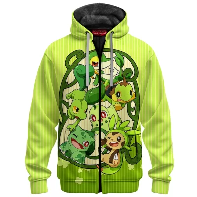 Grass Starters Zip Fleece Hoodie, Pokemon Generation Green Zip Fleece Hoodie, Anime Zip Fleece Hoodie