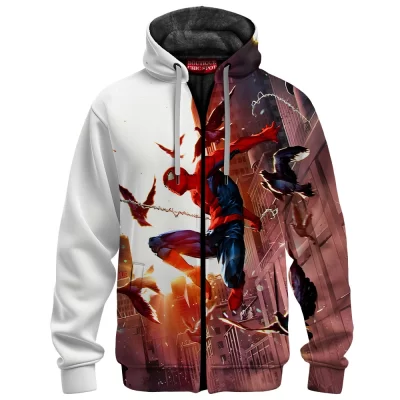 Spider-Man Skyline Swing Zip Fleece Hoodie, Marvel Hero Edition Zip Fleece Hoodie, Marvel Comics Zip Fleece Hoodie