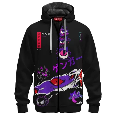 Gengar Pokemon Zip Fleece Hoodie, Laughing in the Dark Zip Fleece Hoodie, Anime Zip Fleece Hoodie