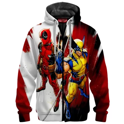 Deadpool vs Wolverine Zip Fleece Hoodie, Superhero Showdown Zip Fleece Hoodie, Marvel Comics Zip Fleece Hoodie