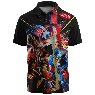 Captain America vs Wolverine Polo Shirt, Clash of Legends Polo Shirt, Marvel Comics Polo Shirt