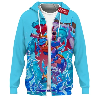 Pokemon Blastoise Legacy Zip Hoodie, Surge of the Sea Zip Hoodie, Anime Zip Hoodie