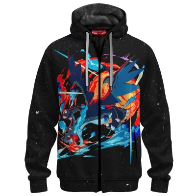 Pokemon Mega Charizard Zip Fleece Hoodie, Sky Tyrant Zip Fleece Hoodie, Anime Zip Fleece Hoodie