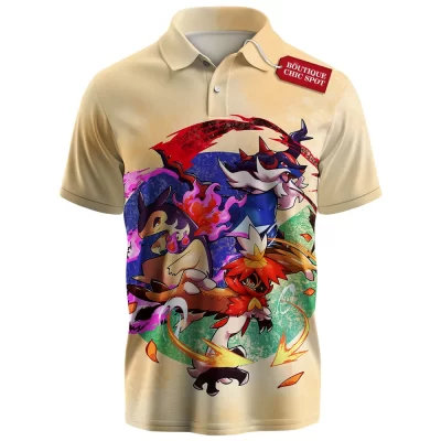 Pokemon Fire Starters Polo Shirt, Blaze of Legends Polo Shirt, Anime Polo Shirt