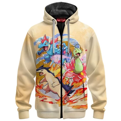 Pokemon Johto Starters Zip Fleece Hoodie, Rise of the Starters Zip Fleece Hoodie, Anime Zip Fleece Hoodie