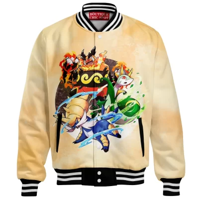 Pokemon Unova Starters Baseball Jacket, Starter Legacy Baseball Jacket, Anime Baseball Jacket