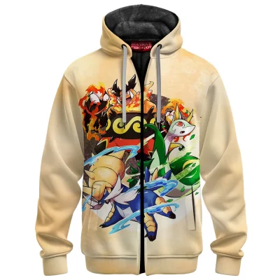 Pokemon Unova Starters Zip Fleece Hoodie, Starter Legacy Zip Fleece Hoodie, Anime Zip Fleece Hoodie