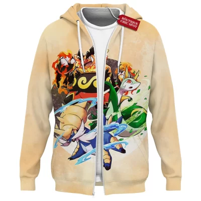 Pokemon Unova Starters Zip Hoodie, Starter Legacy Zip Hoodie, Anime Zip Hoodie