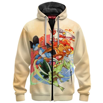 Pokemon Hoenn Starters Zip Fleece Hoodie, The Starter Bonds Zip Fleece Hoodie, Anime Zip Fleece Hoodie