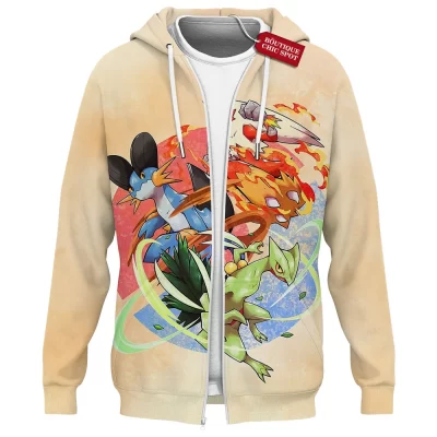 Pokemon Hoenn Starters Zip Hoodie, The Starter Bonds Zip Hoodie, Anime Zip Hoodie