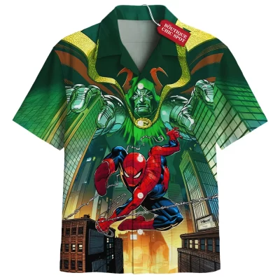 Spider-Man vs Doctor Doom Hawaiian Shirt, City Showdown Hawaiian Shirt, Marvel Comics Hawaiian Shirt