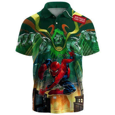 Spider-Man vs Doctor Doom Polo Shirt, City Showdown Polo Shirt, Marvel Comics Polo Shirt