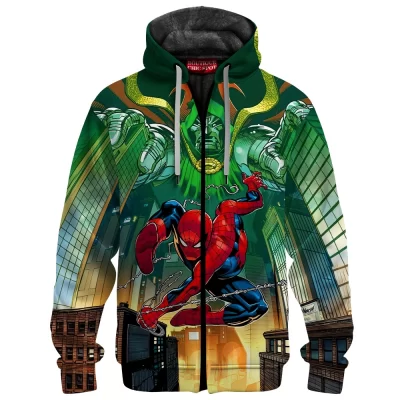 Spider-Man vs Doctor Doom Zip Fleece Hoodie, City Showdown Zip Fleece Hoodie, Marvel Comics Zip Fleece Hoodie