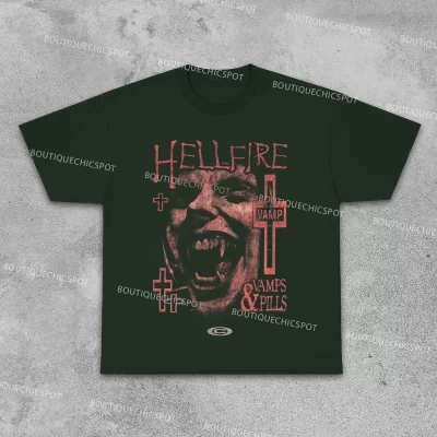 Hellfire Y2K Streetwear T-Shirt, Vampire Graphic Cotton Tee 15 t shirts 1 green 12