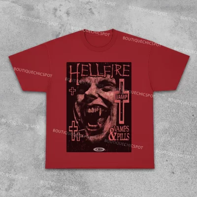 Hellfire Y2K Streetwear T-Shirt, Vampire Graphic Cotton Tee 13 t shirts 1 red 6
